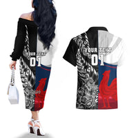 Custom New Zealand And France Rugby Couples Matching Off The Shoulder Long Sleeve Dress and Hawaiian Shirt XV de France Kiwi Silver Fern 2023 World Cup LT01 - Polynesian Pride