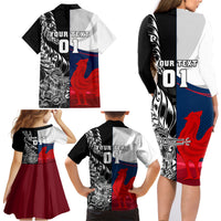 Custom New Zealand And France Rugby Family Matching Long Sleeve Bodycon Dress and Hawaiian Shirt XV de France Kiwi Silver Fern 2023 World Cup LT01 - Polynesian Pride
