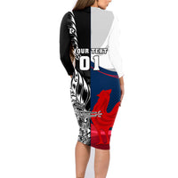 Custom New Zealand And France Rugby Family Matching Long Sleeve Bodycon Dress and Hawaiian Shirt XV de France Kiwi Silver Fern 2023 World Cup LT01 - Polynesian Pride