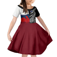 Custom New Zealand And France Rugby Family Matching Off Shoulder Short Dress and Hawaiian Shirt XV de France Kiwi Silver Fern 2023 World Cup LT01 Daughter's Dress Black - Polynesian Pride