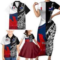 Custom New Zealand And France Rugby Family Matching Short Sleeve Bodycon Dress and Hawaiian Shirt XV de France Kiwi Silver Fern 2023 World Cup LT01 - Polynesian Pride