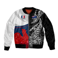 Custom New Zealand And France Rugby Sleeve Zip Bomber Jacket XV de France Kiwi Silver Fern 2023 World Cup LT01 Unisex Black - Polynesian Pride