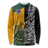 Custom New Zealand And Australia Rugby Long Sleeve Shirt Wallabies Kiwi Silver Fern 2023 World Cup LT01 Unisex Black - Polynesian Pride