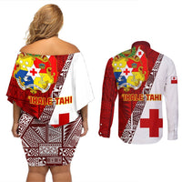 Tonga Rugby Couples Matching Off Shoulder Short Dress and Long Sleeve Button Shirts Tongan Go 2023 World Cup LT01 - Polynesian Pride