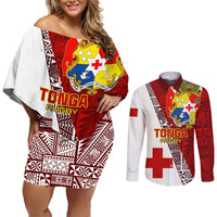 Custom Tonga Rugby Couples Matching Off Shoulder Short Dress and Long Sleeve Button Shirts Tongan Go 2023 World Cup LT01 Red - Polynesian Pride