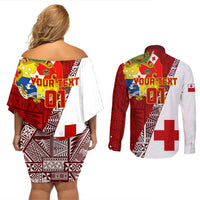 Custom Tonga Rugby Couples Matching Off Shoulder Short Dress and Long Sleeve Button Shirts Tongan Go 2023 World Cup LT01 - Polynesian Pride