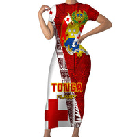 Custom Tonga Rugby Short Sleeve Bodycon Dress Tongan Go 2023 World Cup LT01 Long Dress Red - Polynesian Pride