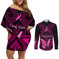 Personalised Pink Out Couples Matching Off Shoulder Short Dress and Long Sleeve Button Shirts Breast Cancer Awareness Polynesian Pattern Black Version LT01 Black - Polynesian Pride