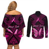 Personalised Pink Out Couples Matching Off Shoulder Short Dress and Long Sleeve Button Shirts Breast Cancer Awareness Polynesian Pattern Black Version LT01 - Polynesian Pride