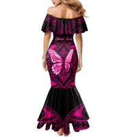 Personalised Pink Out Family Matching Mermaid Dress and Hawaiian Shirt Breast Cancer Awareness Polynesian Pattern Black Version LT01 - Polynesian Pride