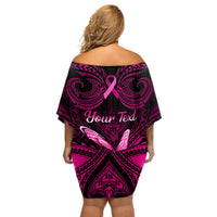 Personalised Pink Out Off Shoulder Short Dress Breast Cancer Awareness Polynesian Pattern Black Version LT01 - Polynesian Pride