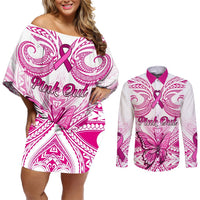Personalised Pink Out Couples Matching Off Shoulder Short Dress and Long Sleeve Button Shirts Breast Cancer Awareness Polynesian Pattern White Version LT01 White - Polynesian Pride