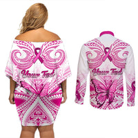 Personalised Pink Out Couples Matching Off Shoulder Short Dress and Long Sleeve Button Shirts Breast Cancer Awareness Polynesian Pattern White Version LT01 - Polynesian Pride