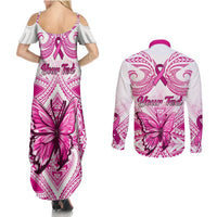 Personalised Pink Out Couples Matching Summer Maxi Dress and Long Sleeve Button Shirts Breast Cancer Awareness Polynesian Pattern White Version LT01 - Polynesian Pride