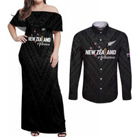 Custom Football New Zealand Couples Matching Off Shoulder Maxi Dress and Long Sleeve Button Shirt Aotearoa United Black Version LT01 Black - Polynesian Pride