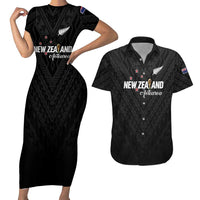 Custom Football New Zealand Couples Matching Short Sleeve Bodycon Dress and Hawaiian Shirt Aotearoa United Black Version LT01 Black - Polynesian Pride