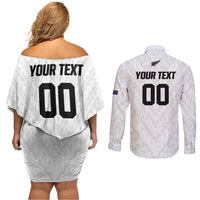 Custom Football New Zealand Couples Matching Off Shoulder Short Dress and Long Sleeve Button Shirt Aotearoa United White Version LT01 - Polynesian Pride