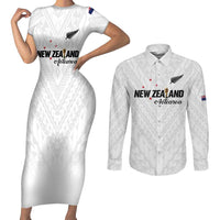 Custom Football New Zealand Couples Matching Short Sleeve Bodycon Dress and Long Sleeve Button Shirt Aotearoa United White Version LT01 White - Polynesian Pride