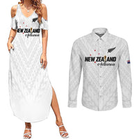 Custom Football New Zealand Couples Matching Summer Maxi Dress and Long Sleeve Button Shirt Aotearoa United White Version LT01 White - Polynesian Pride