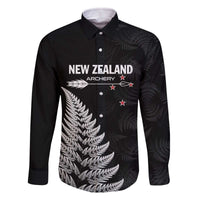 Personalised New Zealand 2025 Archery Family Matching Off The Shoulder Long Sleeve Dress and Hawaiian Shirt Aotearoa Silver Arrows Black LT01 Dad's Shirt - Long Sleeve Black - Polynesian Pride