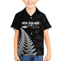 Personalised New Zealand 2025 Archery Family Matching Off Shoulder Short Dress and Hawaiian Shirt Aotearoa Silver Arrows Black LT01 Son's Shirt Black - Polynesian Pride