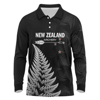 Personalised New Zealand 2025 Archery Long Sleeve Polo Shirt Aotearoa Silver Arrows Black