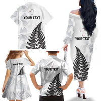 Personalised New Zealand 2025 Archery Family Matching Off The Shoulder Long Sleeve Dress and Hawaiian Shirt Aotearoa Silver Arrows White LT01 - Polynesian Pride