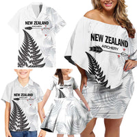 Personalised New Zealand 2025 Archery Family Matching Off Shoulder Short Dress and Hawaiian Shirt Aotearoa Silver Arrows White LT01 - Polynesian Pride