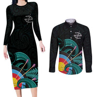Personalised New Zealand Archery Couples Matching Long Sleeve Bodycon Dress and Long Sleeve Button Shirt Turquoise Maori Silver Fern LT01 Turquoise - Polynesian Pride