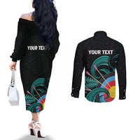 Personalised New Zealand Archery Couples Matching Off The Shoulder Long Sleeve Dress and Long Sleeve Button Shirt Turquoise Maori Silver Fern LT01 - Polynesian Pride