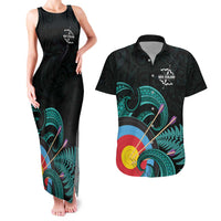 Personalised New Zealand Archery Couples Matching Tank Maxi Dress and Hawaiian Shirt Turquoise Maori Silver Fern LT01 Turquoise - Polynesian Pride