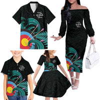 Personalised New Zealand Archery Family Matching Off The Shoulder Long Sleeve Dress and Hawaiian Shirt Turquoise Maori Silver Fern LT01 - Polynesian Pride