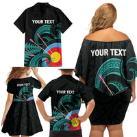 Personalised New Zealand Archery Family Matching Off Shoulder Short Dress and Hawaiian Shirt Turquoise Maori Silver Fern LT01 - Polynesian Pride