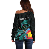 Personalised New Zealand Archery Off Shoulder Sweater Turquoise Maori Silver Fern LT01 - Polynesian Pride