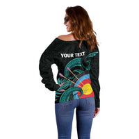 Personalised New Zealand Archery Off Shoulder Sweater Turquoise Maori Silver Fern LT01 - Polynesian Pride