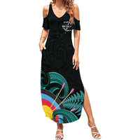 Personalised New Zealand Archery Summer Maxi Dress Turquoise Maori Silver Fern LT01 Women Turquoise - Polynesian Pride