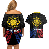 Personalized Philippines Independence Day Couples Matching Off Shoulder Short Dress and Hawaiian Shirt Filipino 126th Anniversary Sun Tattoo
