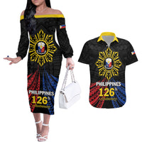 Personalized Philippines Independence Day Couples Matching Off The Shoulder Long Sleeve Dress and Hawaiian Shirt Filipino 126th Anniversary Sun Tattoo LT01 Black - Polynesian Pride