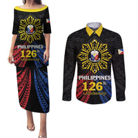 Personalized Philippines Independence Day Couples Matching Puletasi and Long Sleeve Button Shirt Filipino 126th Anniversary Sun Tattoo LT01 Black - Polynesian Pride