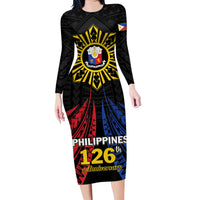 Personalized Philippines Independence Day Family Matching Long Sleeve Bodycon Dress and Hawaiian Shirt Filipino 126th Anniversary Sun Tattoo LT01 Mom's Dress Black - Polynesian Pride