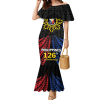 Personalized Philippines Independence Day Family Matching Mermaid Dress and Hawaiian Shirt Filipino 126th Anniversary Sun Tattoo LT01 Mom's Dress Black - Polynesian Pride