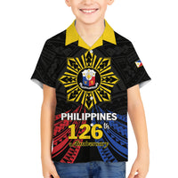 Personalized Philippines Independence Day Family Matching Off Shoulder Short Dress and Hawaiian Shirt Filipino 126th Anniversary Sun Tattoo LT01 Son's Shirt Black - Polynesian Pride