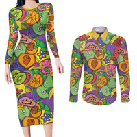 Hawaii Fruits Hippie Style Couples Matching Long Sleeve Bodycon Dress and Long Sleeve Button Shirt Vibrant Colorful