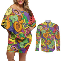 Hawaii Fruits Hippie Style Couples Matching Off Shoulder Short Dress and Long Sleeve Button Shirt Vibrant Colorful