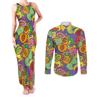 Hawaii Fruits Hippie Style Couples Matching Tank Maxi Dress and Long Sleeve Button Shirt Vibrant Colorful