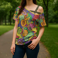 Hawaii Fruits Hippie Style Cross Shoulder Shirt Vibrant Colorful