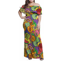 Hawaii Fruits Hippie Style Family Matching Off Shoulder Maxi Dress and Hawaiian Shirt Vibrant Colorful LT01 Mom's Dress Multicolor - Polynesian Pride