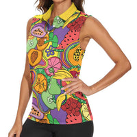 Hawaii Fruits Hippie Style Women Sleeveless Polo Shirt Vibrant Colorful