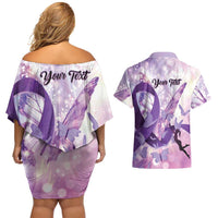 Personalized Polynesian Lupus Awareness Couples Matching Off Shoulder Short Dress and Hawaiian Shirt Butterfly Hologram Lupus Warrior