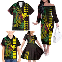 Hawaii Kakau Hammerhead Shark Family Matching Off The Shoulder Long Sleeve Dress and Hawaiian Shirt Neon Plumeria Pattern LT01 - Polynesian Pride